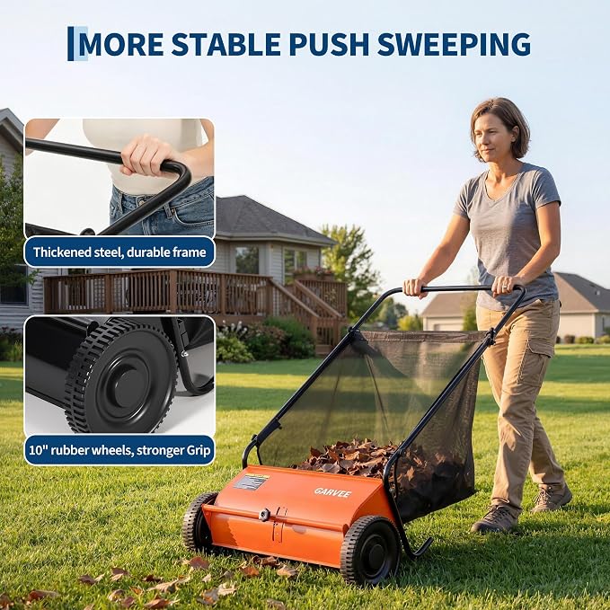 Garvee 26 Inch Push Lawn Sweeper, Walk Behind Leaf Grass Collector with 7 Cu ft Hopper Bag, Carbon Steel Frame, Yard Sweeper with Adjustable Brush Height for Garden Patio Driveway Leaves Cleanup