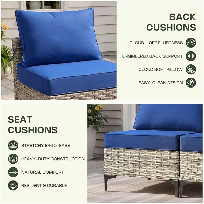 5 Piece Outdoor Sectional Patio Furniture Set with Solar Lighted Coffee Table, Modular Wicker Conversation Set with Flexible L-Shaped Layout for Porch Balcony Backyard, Navy Blue