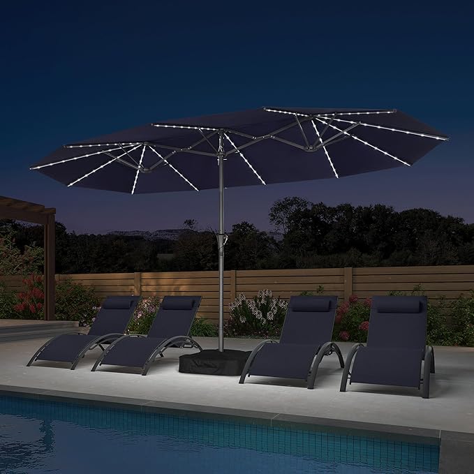 PURPLE LEAF 14ft Patio Umbrella with Solar Lights Outdoor Double-Sided Market Umbrella with Base Included Rectangle Table Umbrella for Pool Garden Backyard, Navy blue