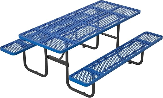 72'' Rectangular Metal Picnic Table with 1.73" Umbrella Hole, Heavy Duty Steel Mesh Table Set, Weather Resistant Sturdy Outdoor Furniture, for Patio, Garden, Courtyard & BBQ, Blue