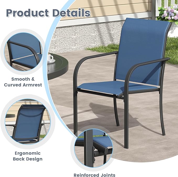 VICLLAX 11 Pieces Patio Outdoor Dining Set, 60" Large Round Metal Table with Umbrella Hole and 10 Stackable Textilene Chairs for Patio, Lawn, Garden, Porch, Black/Dark Blue