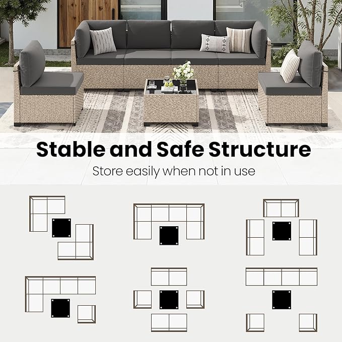 Soohow 7-Piece Patio Furniture Set, Outdoor Sectional All-Weather Wicker Patio Conversation Set for Garden, Porch, Backyard - Grey Cushions