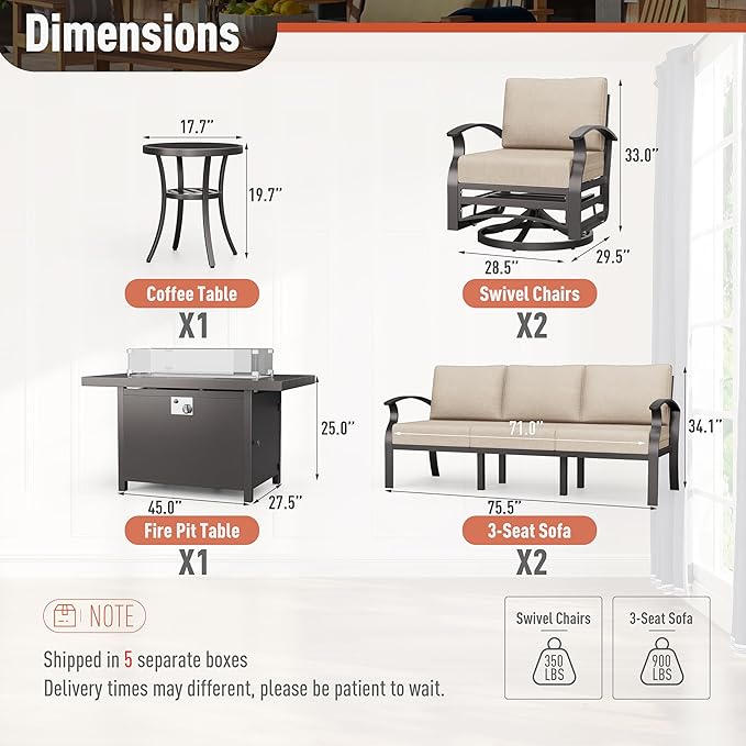 Kurapika Aluminum Patio Furniture Set 8-Seat Modern Metal Outdoor Conversation Sets w/45in Propane Fire Pit Table, Swivel Rocking Chairs Patio Sectional Sofa w/5.1 Inch Cushion, Sand
