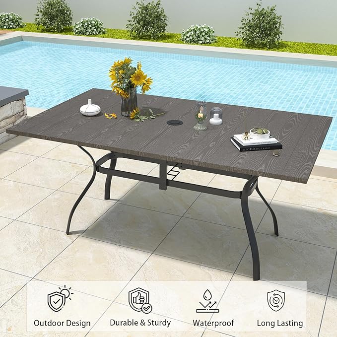Anmutig Outdoor Rectangle Dining Table 6-Person with 1.57" Umbrella Hole Metal Steel Backyard Bistro Table for Garden, Poolside, Backyard, Brown Top