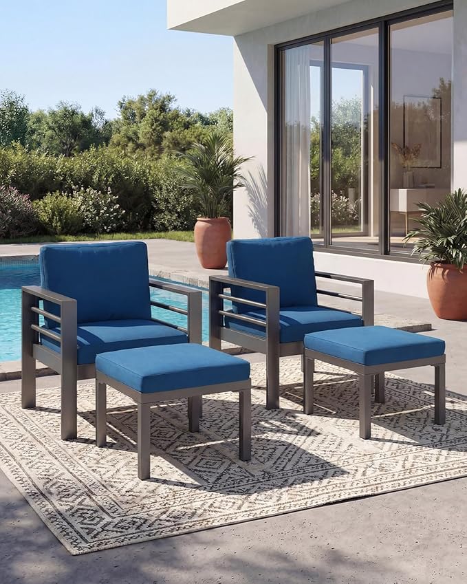 AECOJOY Aluminum Patio Furniture Armchair with Ottoman, Set of 2, Modern Outdoor Furniture with Washable 5 inch Thick Cushion, Blue