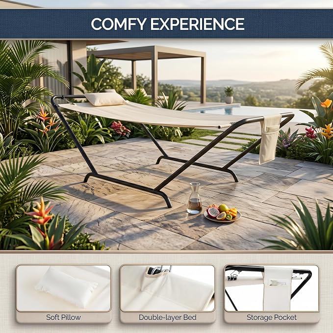 Freestanding Hammock with Stand, 600lbs Capacity Heavy Duty Outdoor Hammock Bed with Detachable Soft Pillow and Side Storage Pocket, Portable Gray Hammock for Patio Garden (Beige)