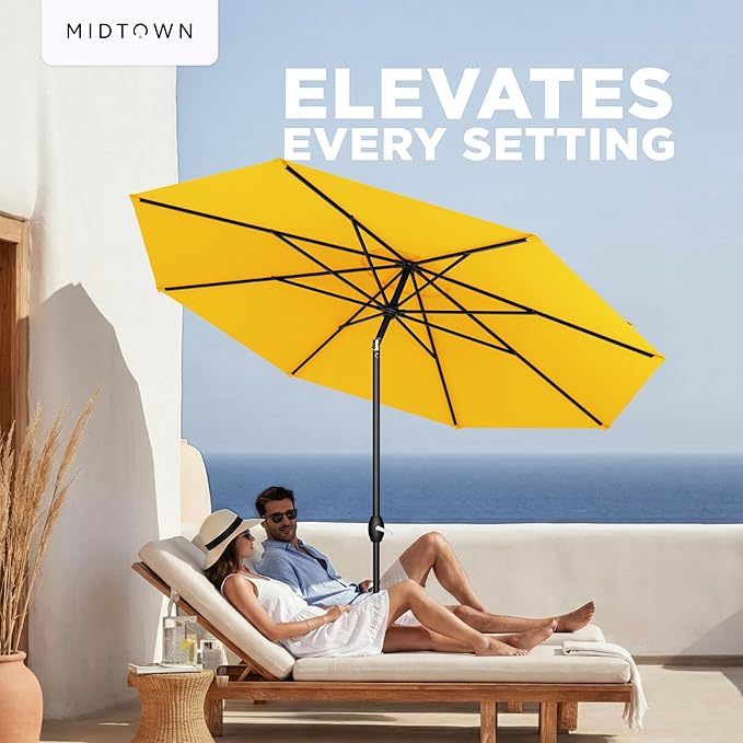 Midtown Umbrellas – The Lean 9 Ft Patio Umbrella with 10-Year-No-Fade Acrylast Acrylic Fabric, Auto-Tilt and 8 Reinforced Ribs for Deck, Pool, Garden, Hotel & Cafes – Studio Yellow Canopy, Black Pole