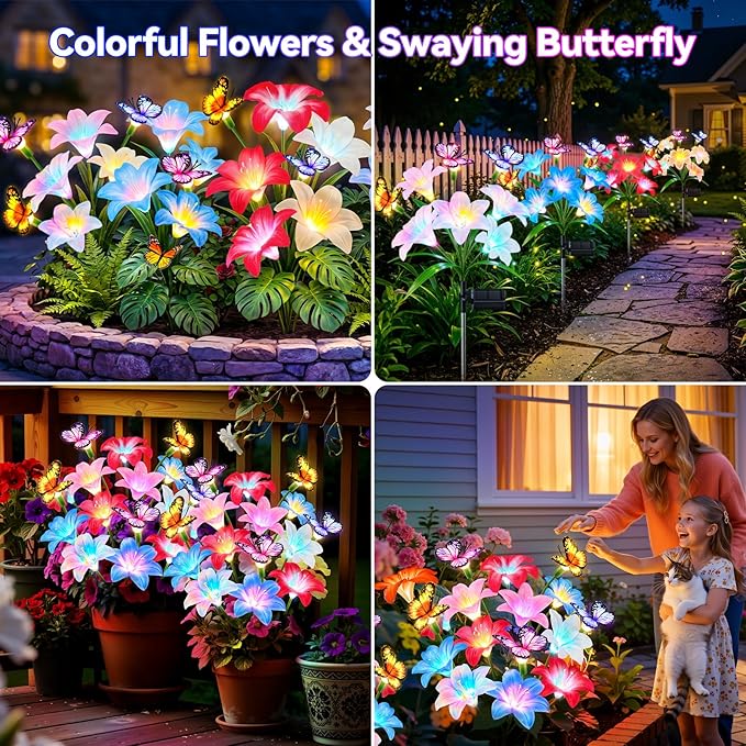 Solar Garden Lights Outdoor, 4 Pack Lily Solar Flowers with Butterfly, 32 LED 800mAh Waterproof Solar Flowers for Outside, 7 Color Changing Adjustable Stems for Yard Patio Garden Decor, Gift for Mom