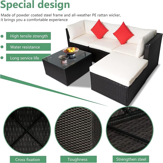 PayLessHere 5 Pieces Patio Furniture Outdoor Wicker Sectional Patio Rattan Chair Conversation Backyard Lawn Porch Poolside Balcony Garden Sofa Set with Glass Coffee Table, Brown