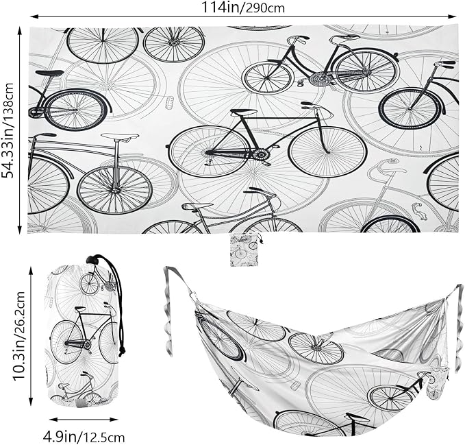Bike Print Camping Hammock, Portable Lightweight Single Hammock with Tree Straps and Aluminum Carabiners, 114" x 54" Travel Hammock for Hiking Backpacking Beach