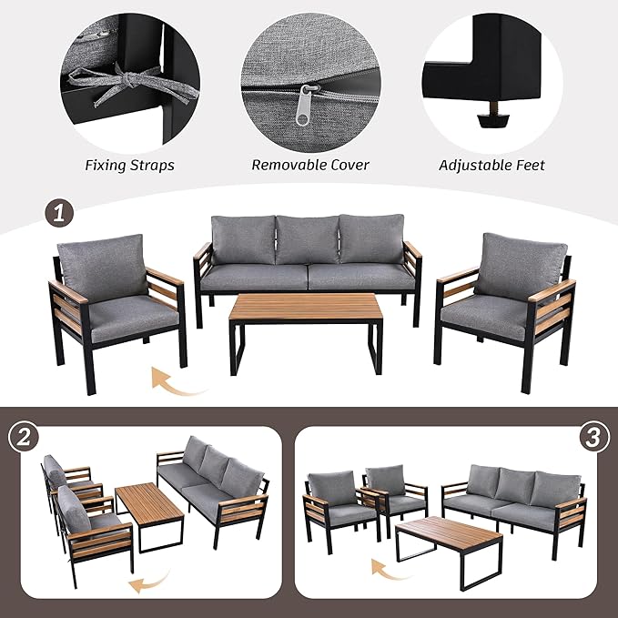 4-Piece Outdoor Patio Furniture Sectional Sofa Set with Acacia Wood Armrests, All-Weather Conversation Set with Removable Cushion and Solid Wood Coffee Table for Garden Backyard (Grey-TH)