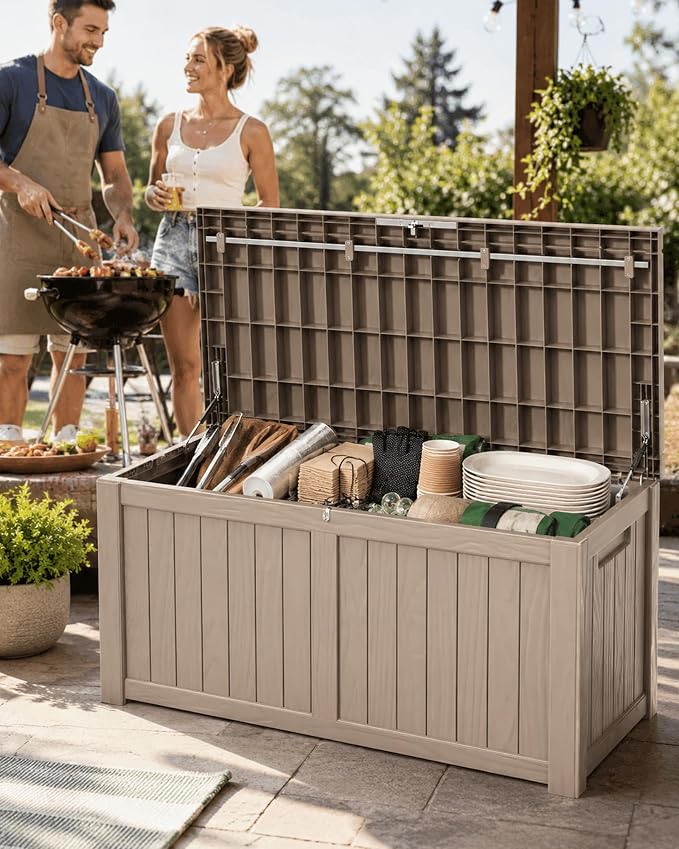 MAKINO 155 Gallon Waterproof Outdoor Storage Box, Large Lockable Deck Box, Indoor Outdoor Resin Storage Bench with Hydraulic Rod for Patio/Cushions/Garden Tools/Backyard/Pool Accessories, Grey Brown
