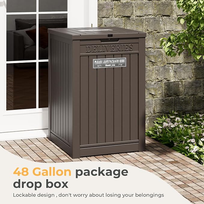 Package Delivery Box for Outside With Sign, Lockable Outdoor Storage Box Waterproof Deck Box, Large Double Wall Resin Parcel Drop Boxes, 48 Gallon, Brown