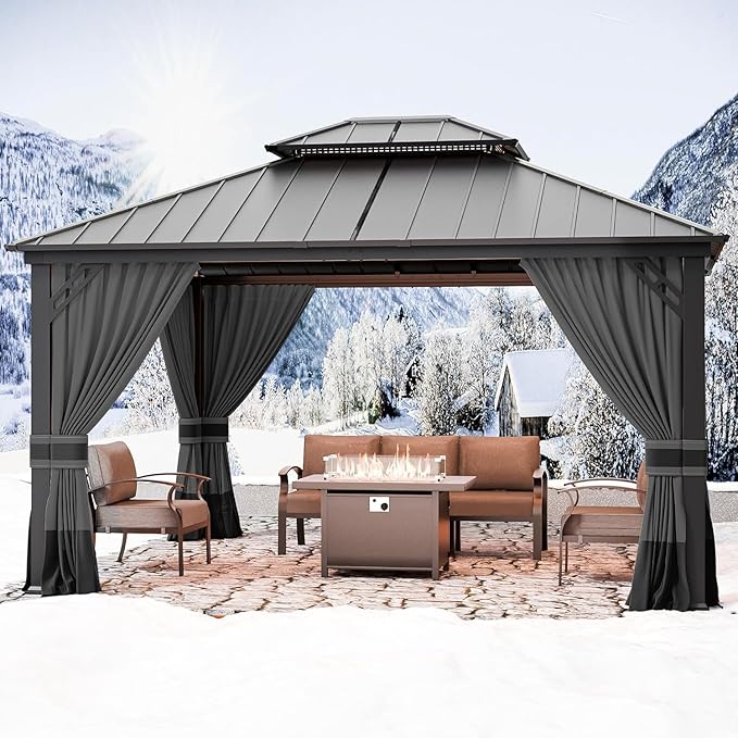 12' x 14' Hardtop Gazebo,Outdoor Permanent Pavilion Double Galvanized Steel Roof Pergola with Nettings and Curtains,Patio Sunshade Gazebos for Patio Lawns Backyard Deck,Grey