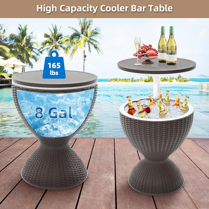 Patio Cool Bar Table, Height-Adjustable Outdoor Bar Tables 8 Gallon Beer and Wine Cooler, 3-in-1 Rattan Style Ice Cooler with Drainage Plug for Pool Party (Grey)
