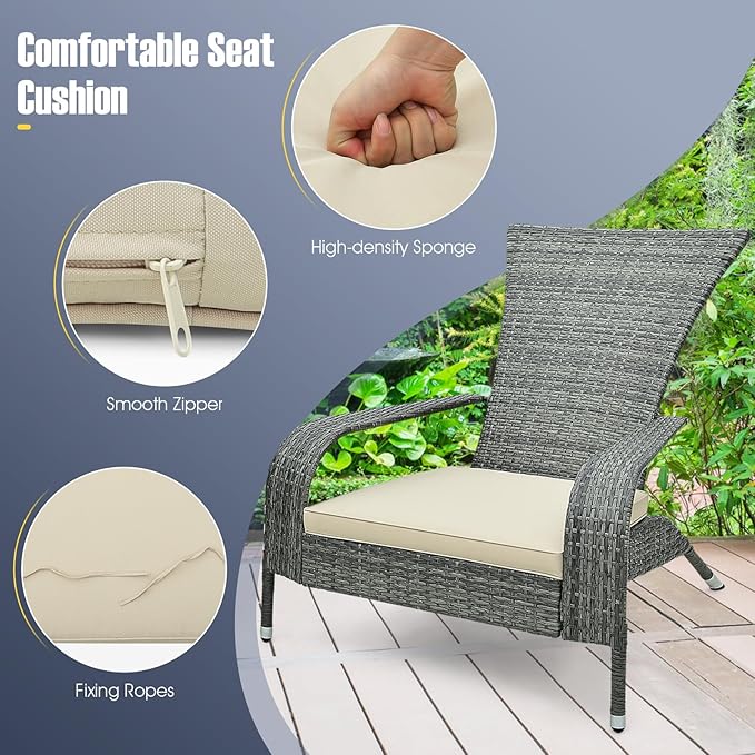 Tangkula 3-Piece Wicker Adirondack Set, Ergonomic Oversized Rattan Chairs w/Coffee Table, Comfy Seat Cushions, Tempered Glass Tabletop, Patio Conversation Set for Porch (Wicker, 3-pc)