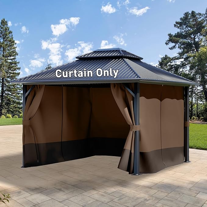 Aoodor 12x16 ft Outdoor Gazebo Curtains, 4 Panels Waterproof Privacy Sidewall Replacement with Zipper for Patio Pergola and Canopy, Brown and Coffee