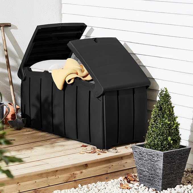 Ward Strata Products 85 Gallon (321L) Outdoor Storage Organization Bin, Patio Deck Box with Dual Door Lid for Garden, Pool, & Furniture Accessories, Black