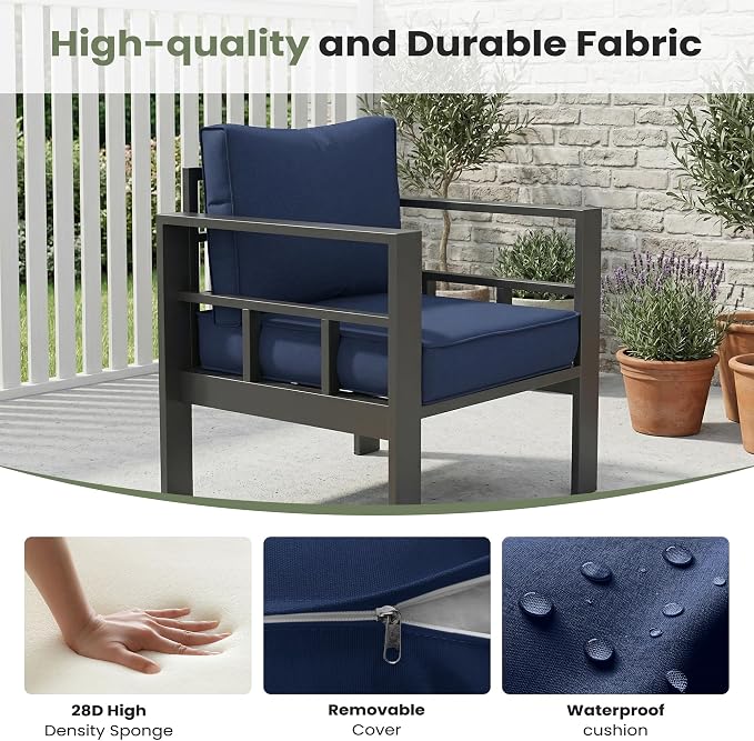 5 Piece Aluminum Patio Furniture Set, Thick Cushions, Aluminum Outdoor Sectional Conversation Set with Coffee Table for Porch, Backyard, Deck(Grey/Navy Blue)