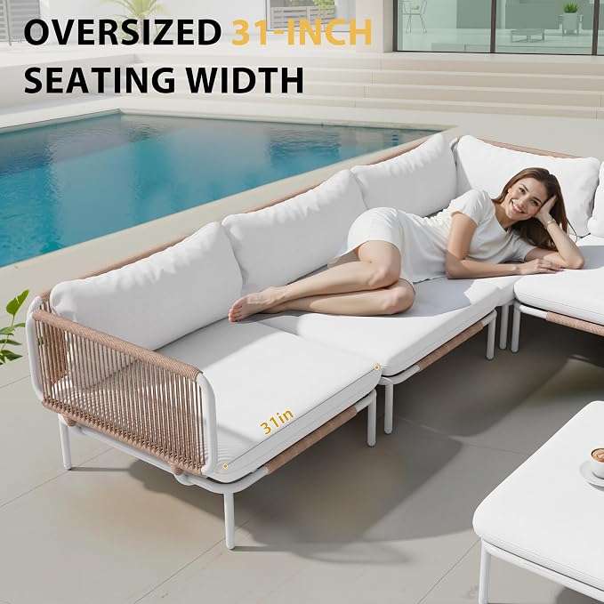 5-Piece Modern Outdoor Sectional Sofa with Coffee Table - 31" Deep Seating Patio Conversation Set, Weather-Resistant Low-Profile 11" Seat Height Lounge Seats for Deck, Porch & Backyard, Beige