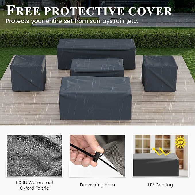Patio Furniture Set with Fire Pit Table, Aluminum Patio Furniture Set,Grey and Blue Outdoor Metal Sectional Sofa with Aluminum Fire Pit Table for Garden Backyard (Include Waterproof Cover)