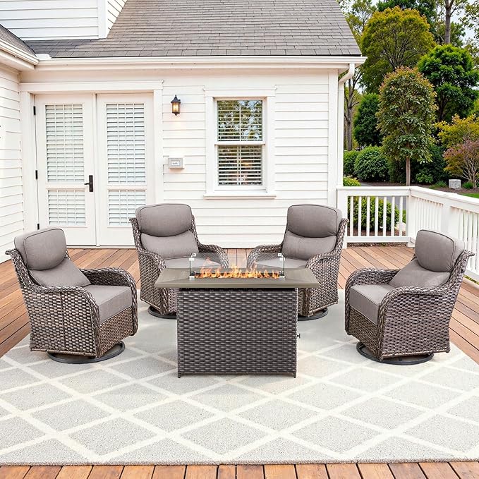 Luxury High Back Patio Furniture Set Fire Pit Table with 6-Inch Thick Cushions, 5-Pieces Outdoor Furniture w/ 4 Swivel Chairs, Wicker Conversation Set for Porch, Balcony, Deck and Yard, Brown/Grey