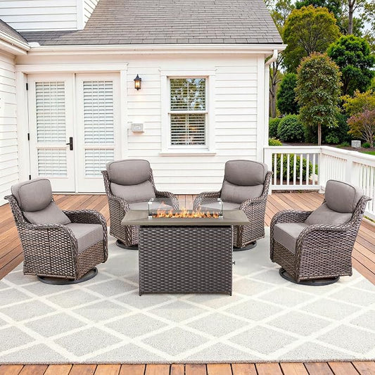 Luxury High Back Patio Furniture Set Fire Pit Table with 6-Inch Thick Cushions, 5-Pieces Outdoor Furniture w/ 4 Swivel Chairs, Wicker Conversation Set for Porch, Balcony, Deck and Yard, Brown/Grey