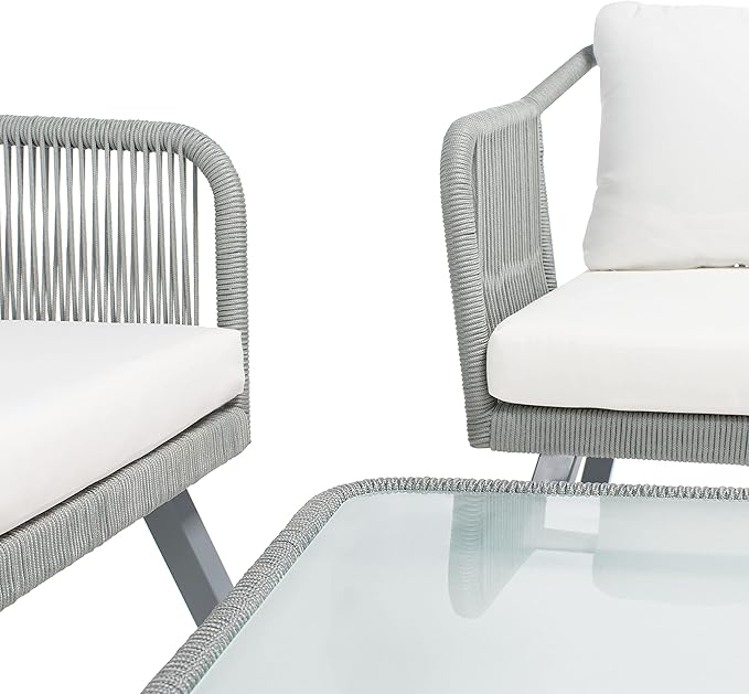 Safavieh Outdoor Collection Torsla Wicker Cushion 4-Piece Rope Patio Backyard Living Set PAT7520A, Grey/Beige
