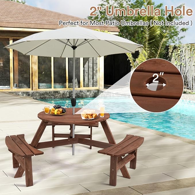 Zevemomo 6 Person Wood Picnic Table, Round Tabletop with Umbrella Hole, 3 Built-in Curved Benches, 1720LBS Total Capacity for Patios, Backyard, Brown