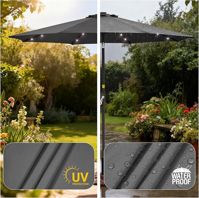 9ft Patio Umbrella Outdoor with Solar Lights,32 LED Lighted Table Market Umbrella with Tilt and Crank, 2-Year-Non-Fading, 8 Sturdy Ribs,for Pool, Deck, Garden,Backyard