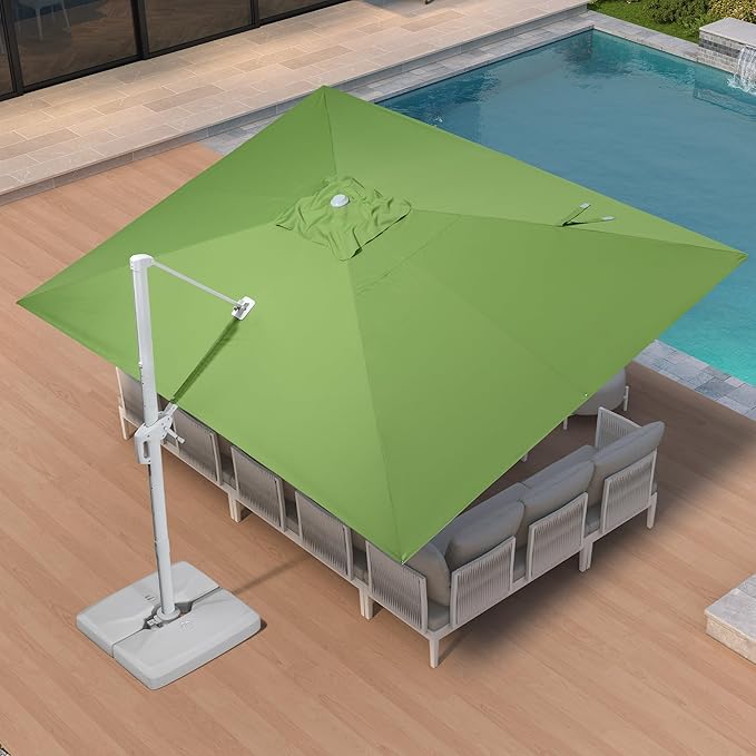 PURPLE LEAF 10' × 13' Patio Umbrella With Base White Cantilever Umbrella Square Outdoor Offset Umbrella Windproof with 360° Rotation for Garden Deck Pool, Macaw Green