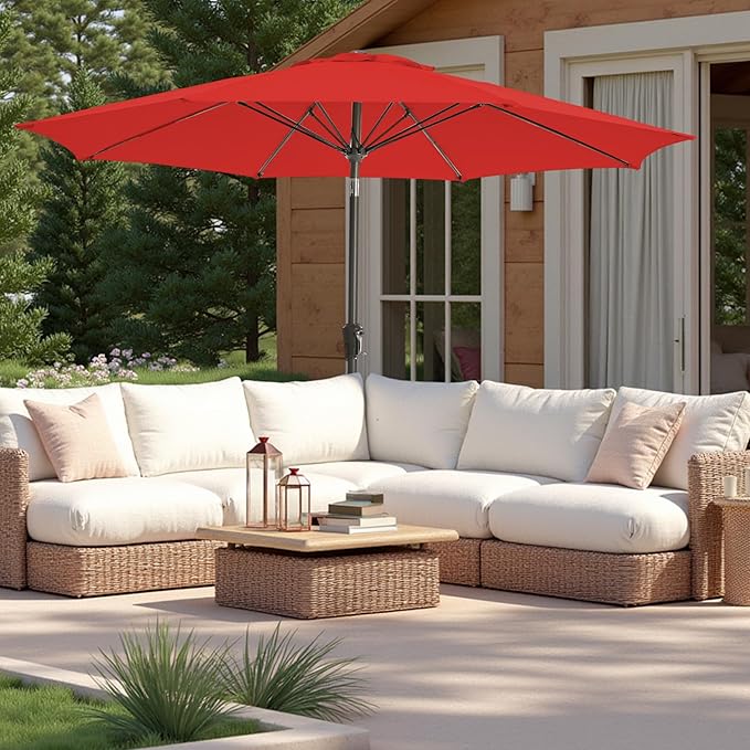 9FT Large Outdoor Patio Umbrella Pool Market Umbrella-UV Resistant, Easy Push Button Tilt and Crank, 8 Sturdy Ribs Heavy-Duty Table Umbrella for Deck, Backyard, Garden(Red)