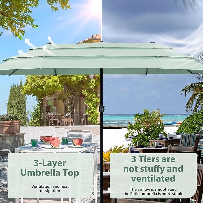 Ainfox 15ft Large Patio Umbrella, Outdoor Double-Sided Pool Umbrellas, 3 Tiers Large Rectangle Market Umbrella for Poolside