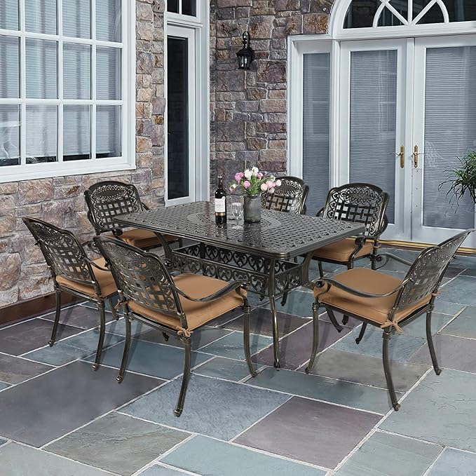 VIVIJASON 7-Piece Patio Furniture Dining Set, All-Weather Cast Aluminum Outdoor Conversation Set, Include 6 Cushioned Chairs and a Rectangle Table with Umbrella Hole for Balcony Lawn Garden Backyard