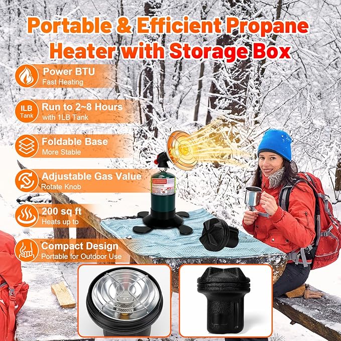 Portable Propane Heater for Camping, Outdoor Small Space Patio Heater, Cordless Gas Heaters with Foldable Tank Holder, Fast Radiant Heaters for Camping Tent, Winter Hiking, Ice Fishing & Hunting