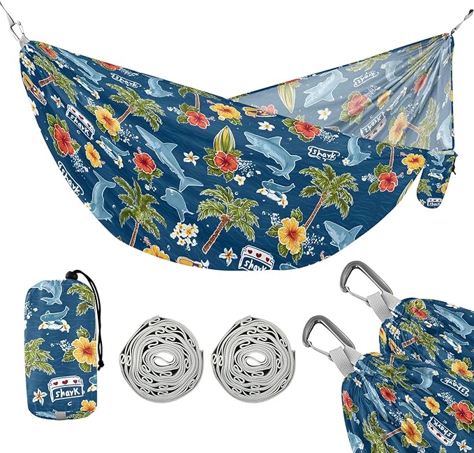 Camping Hammock Outdoor Hammocks for Outside Flower Shark Ocean Beach Trees Portable Lightweight with Pockets Tree Straps Indoor