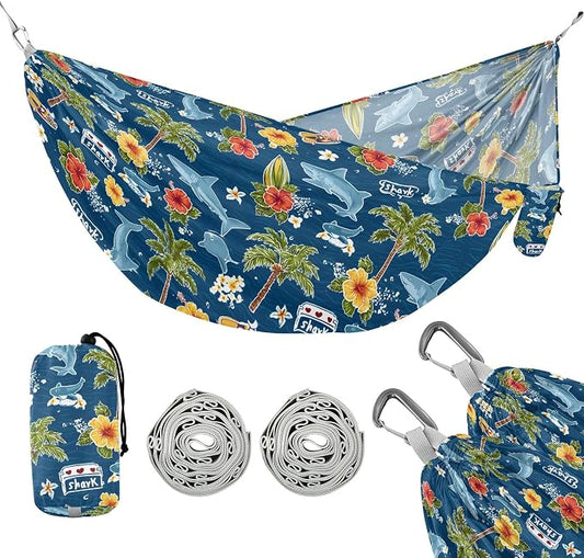 Camping Hammock Outdoor Hammocks for Outside Flower Shark Ocean Beach Trees Portable Lightweight with Pockets Tree Straps Indoor