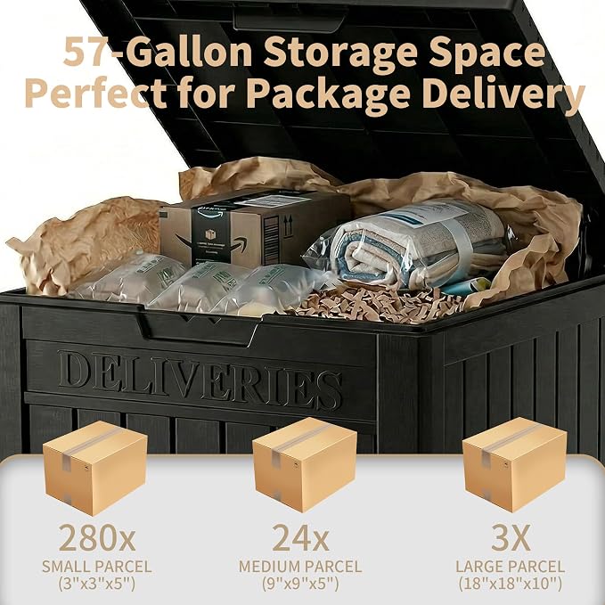 Package Delivery Box, Lockable Resin Outdoor Package, Waterproof Deck Box for Porches, Patios, Indoor & Outdoor Use (57 Gallon, Black)