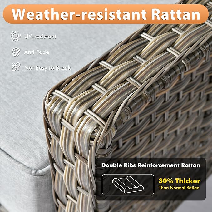6 PCS Outdoor Patio Furniture Sets,Patio Conversation Sets Outside Rattan Soft Cushion Sofa with 2 Wicker Rocking Chairs & 54 in Fire Pit Table Fit Backyard Porch Garden Poolside Balcony,Light Grey