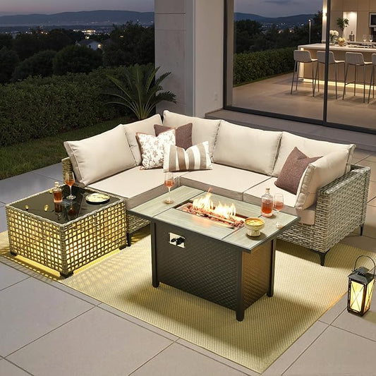 6 Pieces Patio Furniture Set with 42" Fire Pit, All-Weather Rattan Outdoor Sectional Conversation Sets L Shaped Sofas with Solar Light Coffee Table for Porch Balcony Backyard Beige