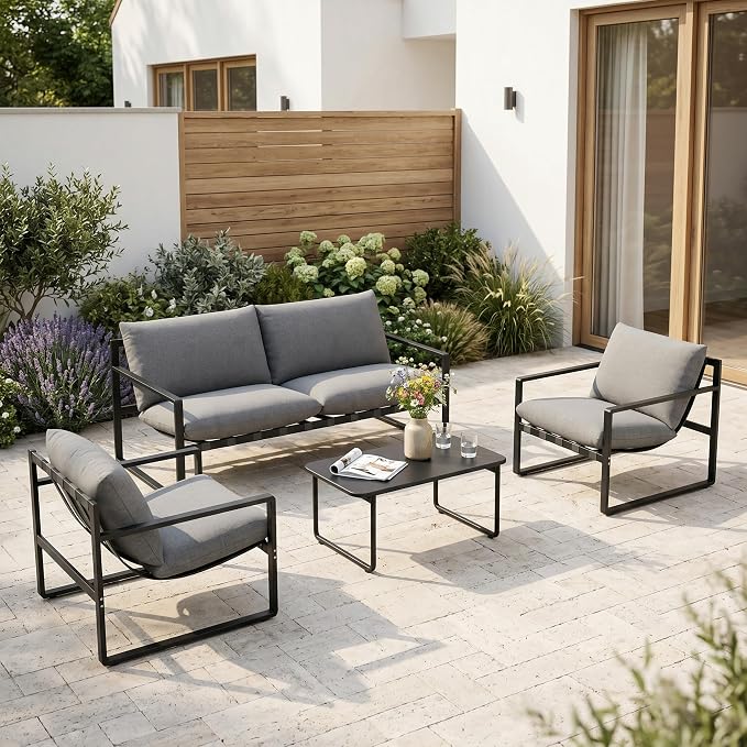 Grand patio 4 Piece Outdoor Furniture Set, Patio Sofa with Cushion, Metal Couch with Coffee Table, 4-Seat Conversation Set for Porch Deck Balcony Backyard, Grey