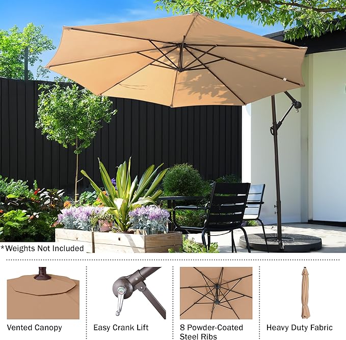 10 Ft Offset Cantilever Patio Umbrella - Fade-Resistant Shade Umbrella Outdoor Patio Canopy with Cross Base for Garden, Lawn, Deck, Yard or Pool by Pure Garden