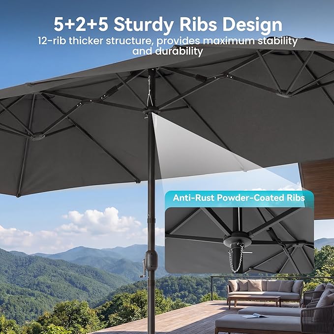 COSIEST 15FT Patio Umbrella with Base Included, Outdoor Double-Sided Table Umbrella,Large Rectangular Market Umbrella w Crank Handle for Garden, Pool, Deck Shade, Dark Gray