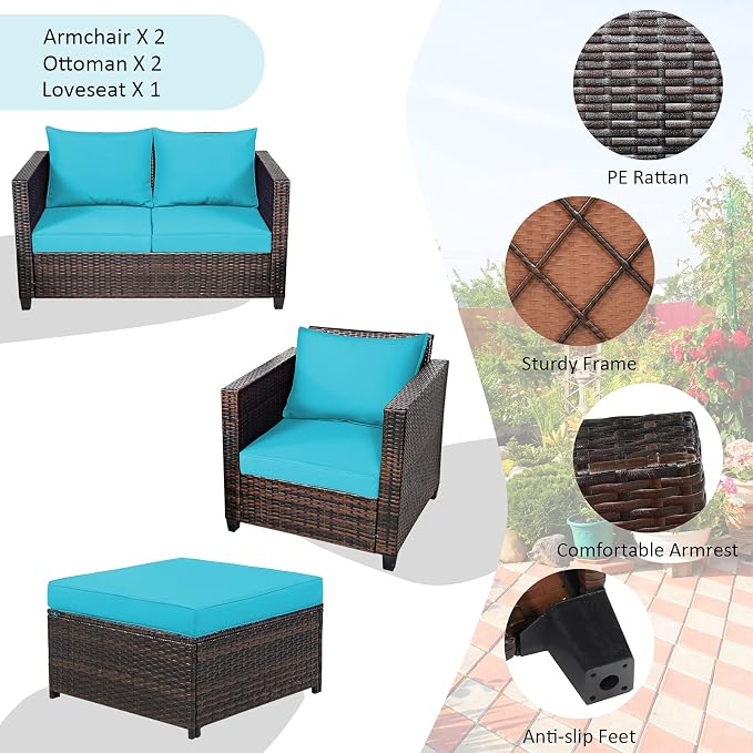 Tangkula 5 Pieces Patio Wicker Furniture Set, Outdoor Rattan Sofa Set with Loveseat, 2 Single Sofas, 2 Ottomans & Removable Cushions, Sectional Daybed Sofa Set for Yard, Garden, Poolside, Turquoise