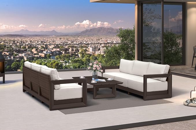 PURPLE LEAF Patio Furniture Set Open-End Outdoor Couch with 9.6" Thick Cushion and Soft Pillows 7 Piece Outdoor Sectional Sofas with Table Modern Outdoor Conversation Sets for Yard Porch Deck, Bronze