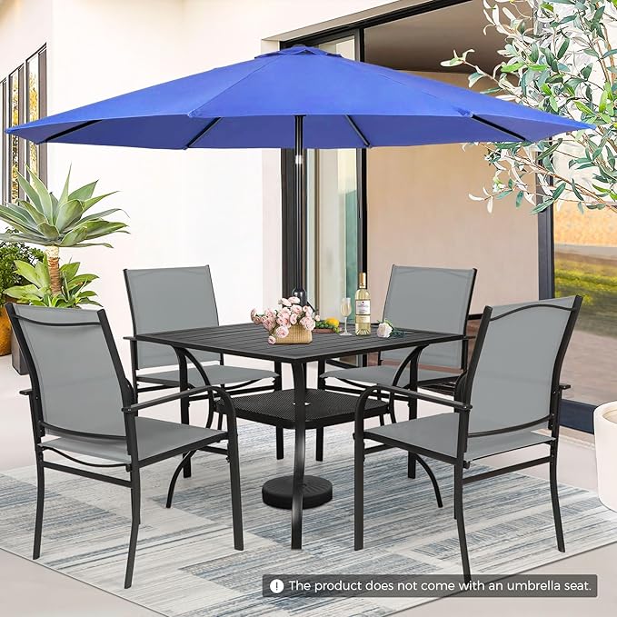 Incbruce 6 Pieces Patio Dining Set with Dark Blue Umbrella, Outdoor Dining Set of 4 Textilene Chairs and Square Table with Umbrella Hole for Backyard, Garden, and Poolside (Grey)