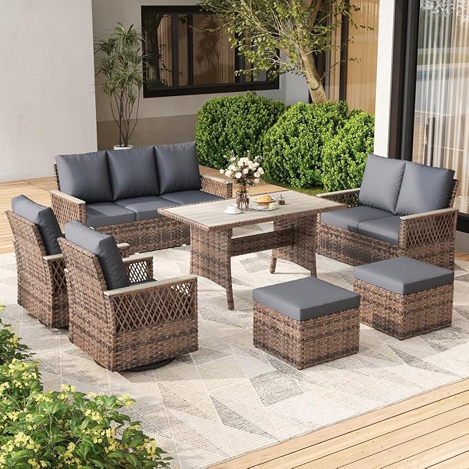 HOMREST 53" Outdoor Patio Dining Table, Handwoven PE Rattan Wicker Rectangular Table for 4-6 People with Metal Frame for Backyard, Porch, Deck, Balcony, Garden Furniture, Brown