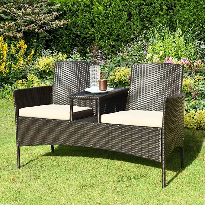 Outdoor Love Seat, Wicker Patio Furniture Set Rattan Bench with Cushion & Built-in Plastic Table, Outdoor Conversation Set for Garden, Lawn, Backyard (Beige)
