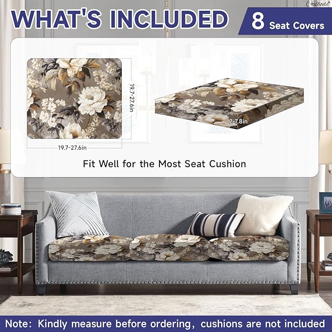 CALBODE 8 Pcs Stretch Outdoor Seat Cushion Covers, Washable Chair Seat Cover for Patio Furniture Cushions Soft Indoor and Outdoor Couch Cover Replacement (Brown Blooms, Cover Only)