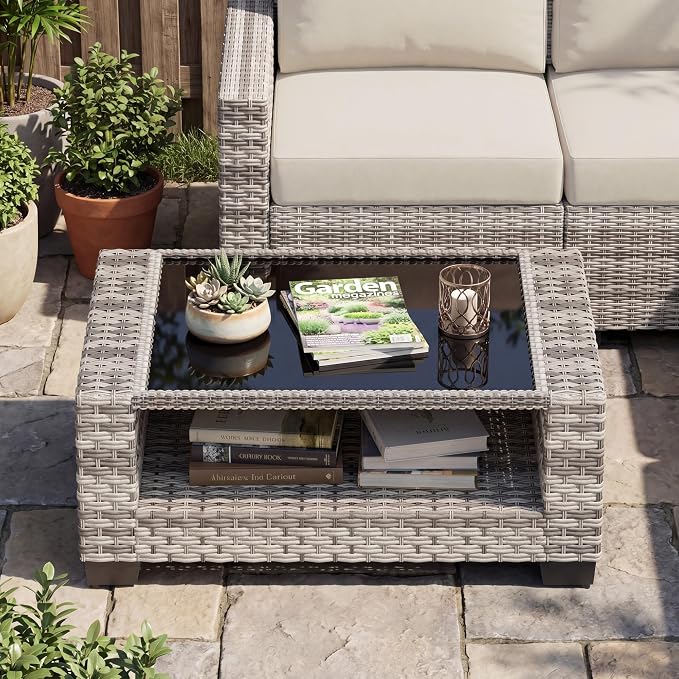Patio Furniture Set, 7-Piece Outdoor Sectional Couch with Coffee Table & Thick Cushions, Outdoor Wicker Conversation Set for Backyard, Poolside, Garden (Grey White-White, 7 Piece-Double)